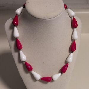 Elegant Red and White Beaded Costume Necklace